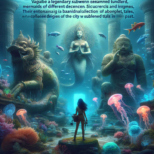 Imagine a mythical underwater kingdom hidden beneath the ruins of an ancient civilization, where mermaids and sea dragons guard a treasure trove of forgotten myths and mysteries. A lone explorer discovers this underwater wonderland, surrounded by glowing jellyfish and shimmering coral reefs, as ancient statues of gods and goddesses watch over the forgotten city.