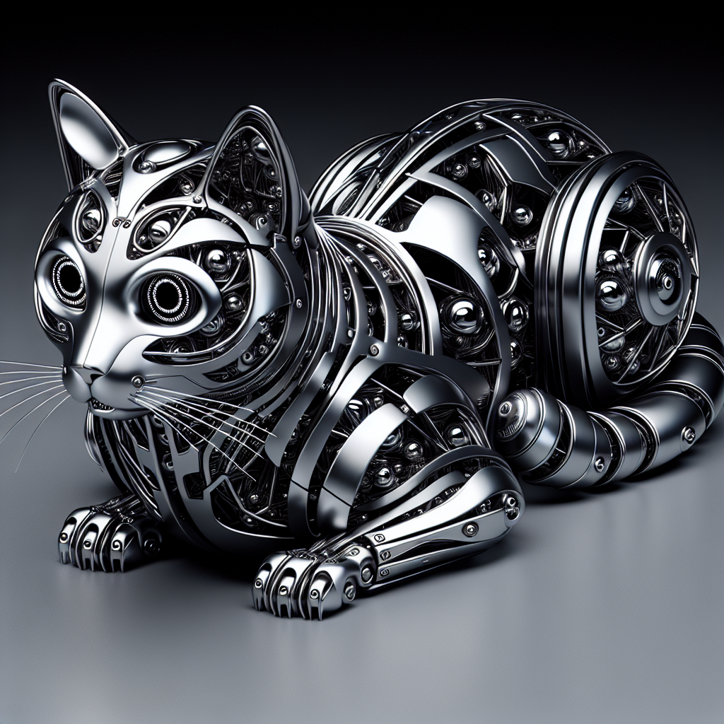 Create an image of a futuristic robot cat with optical illusion patterns covering its sleek metal exterior, blending the lines between advanced technology and mesmerizing design.