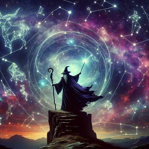 Create an image of a wizard casting a spell to summon a galaxy of swirling stars and planets, as constellations shimmer in the background.