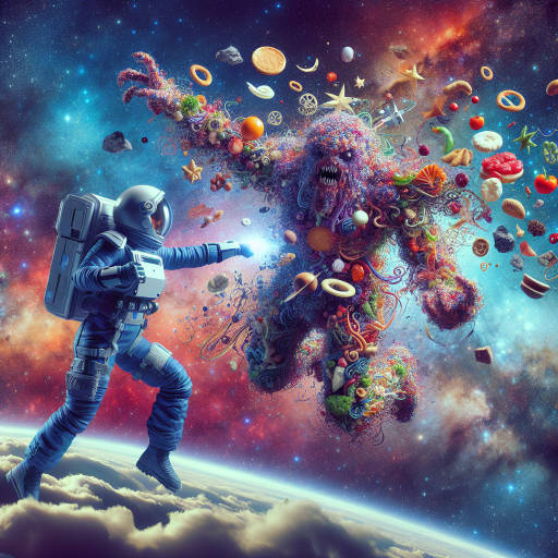 Imagine a brave astronaut heroically battling a giant space monster made entirely of delicious, floating food in the vast expanse of the cosmos. Illustrate this epic scene with vivid colors and intricate details.