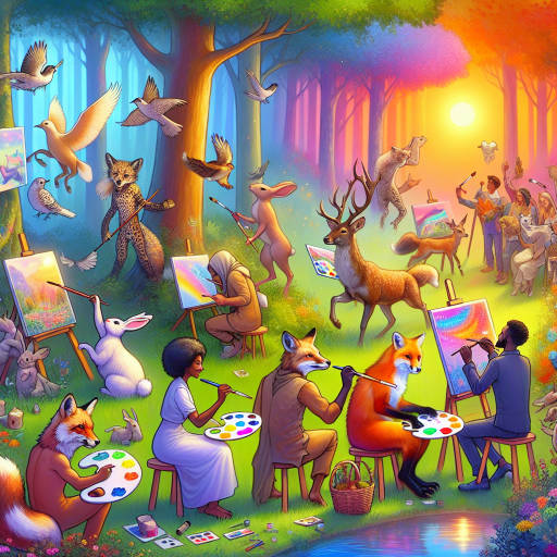 Create an image of a whimsical and enchanted forest where animals share paintbrushes and create vibrant masterpieces alongside a group of diverse and colorful people who are captivated by the beauty and magic around them.