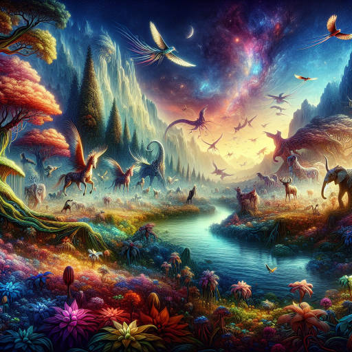 Imagine a stunning painting of a mystical wildlife scene where fantastical animals roam freely in a surreal landscape filled with vibrant colors and intricate details. Let your imagination run wild as you create a unique and captivating image that showcases the beauty and power of nature's creatures.