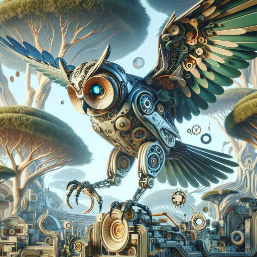 Create an image of a whimsical old robotic owl wandering through a futuristic forest, its mechanical wings creaking as it scans the trees with glowing, antique eyes.