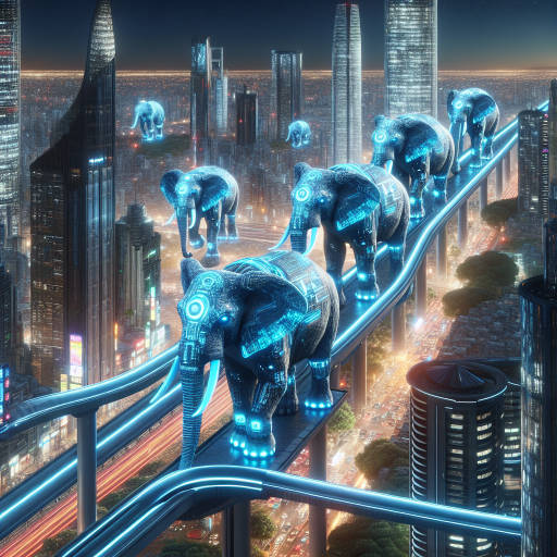 A futuristic world where elephants are the primary mode of transportation, equipped with high-tech cybernetic enhancements and neon lights, navigating advanced technics-infused cityscapes.