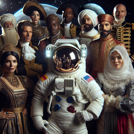 Imagine a historical reenactment where a group of astronauts from the future are dressed in ornate historical costumes, posing for a portrait in outer space.