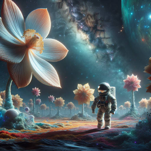 Imagine a breathtaking scene of a tiny astronaut exploring the intricate details of a majestic alien flower garden in outer space. Capture the delicate petals up close with stunning macro photography techniques, while showcasing the vastness and beauty of the universe surrounding this miniature explorer. Let your imagination run wild and create a truly unique and mesmerizing image that combines the wonder of space exploration with the intricacy of macro photography.