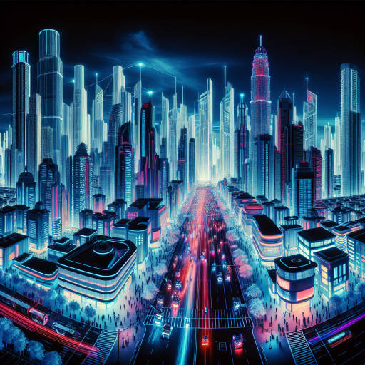 Create an image of a futuristic cityscape bustling with robots and people, captured through the unique lens of infrared photography, highlighting the hidden patterns and energy within the bustling metropolis.