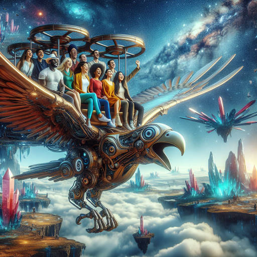 Prompt: Create a surreal image of a group of people riding on a flying transport vehicle that resembles a giant mechanical bird, soaring through a vibrant, otherworldly landscape filled with floating islands and glowing crystals. Capture the sense of wonder and adventure as the passengers marvel at the fantastical sights below.