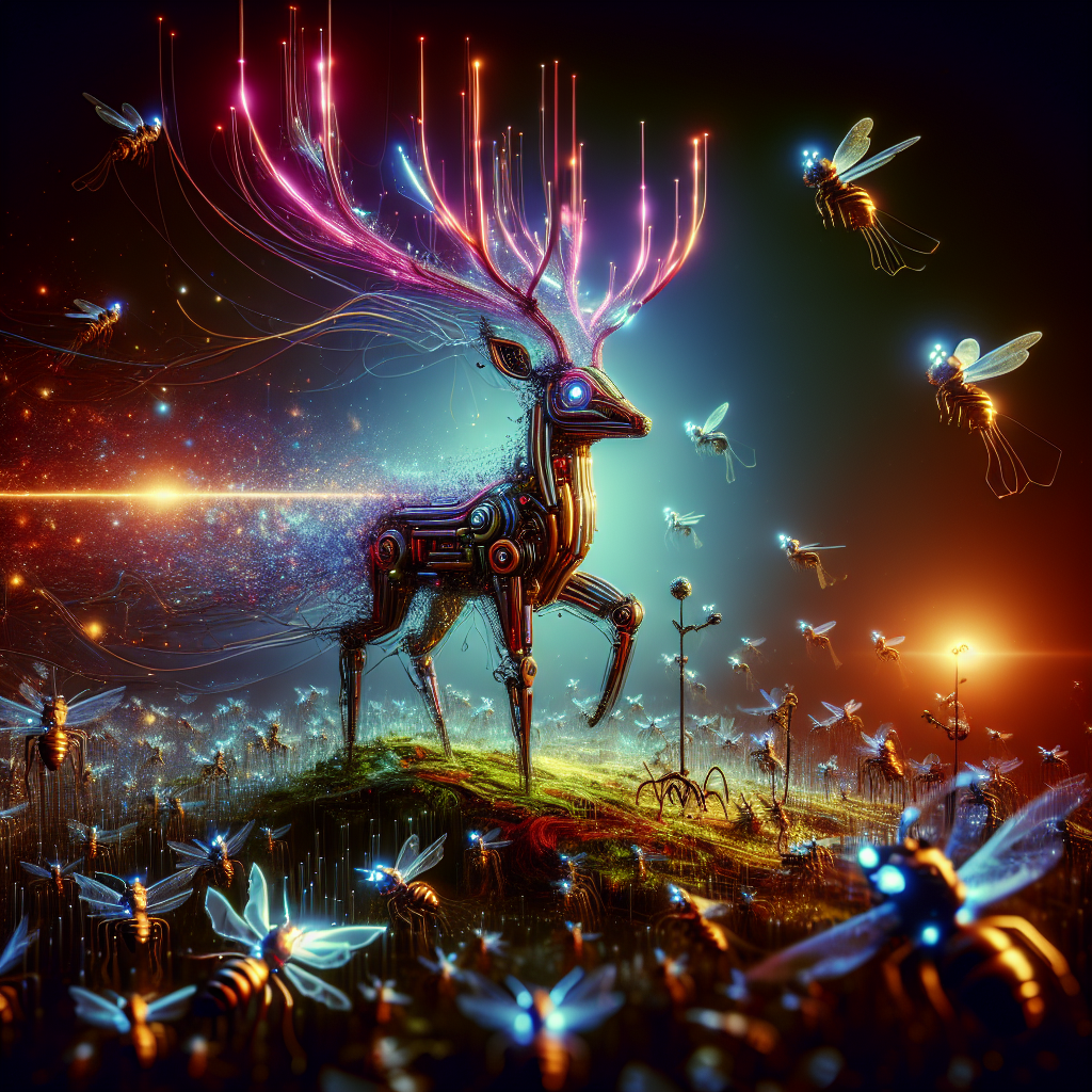 An intricate and fantastical scene featuring a cyborg deer with glowing neon antlers, surrounded by a mesmerizing display of tiny robotic insects captured in stunning macro detail.