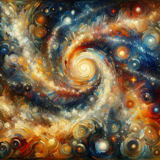 Create an abstract painting inspired by the vastness of the universe, incorporating swirling galaxies, sparkling stars, and vibrant colors representing the mysteries of astronomy.