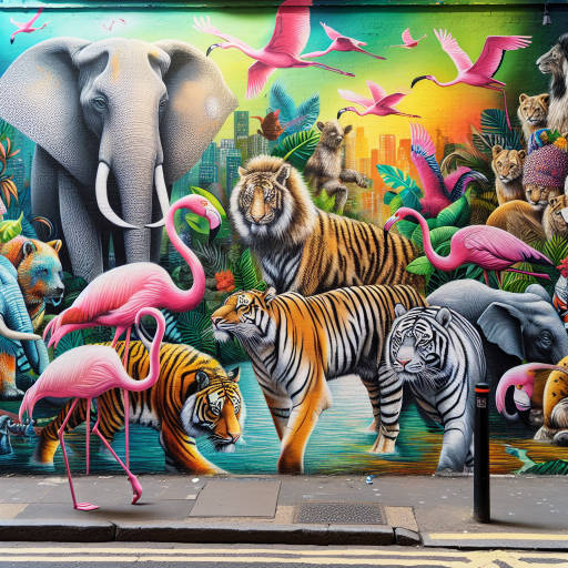 Imagine a vibrant street art mural of a whimsical jungle scene, featuring a colorful menagerie of animals painted in bold, expressive strokes. Think of a world where elephants, tigers, and flamingos roam the city streets, bringing a sense of wild beauty to the urban landscape. Capture the energy and vitality of this imaginative fusion of street art and animal painting in your artwork.