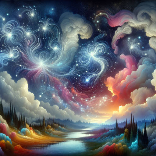 Create a painting of a fantastical sky where colorful constellations swirl and dance among billowing clouds, casting a magical glow over a dreamlike landscape below.