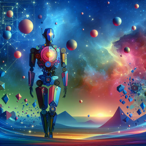 Create an image of a futuristic robot painted with vibrant colors and surreal patterns, blending seamlessly into a dreamlike landscape filled with floating geometric shapes and glowing orbs.