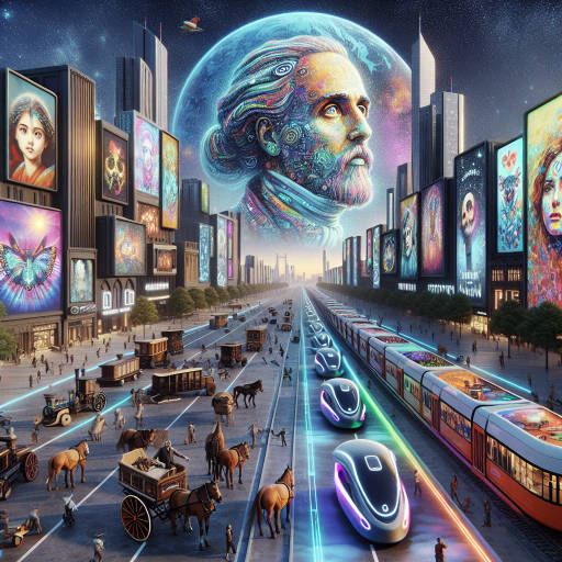 Create an image of a futuristic cityscape where street art murals cover the walls of flying vehicles, with a larger-than-life portrait of a renowned artist at the center, surrounded by a mix of traditional and modern transport options.