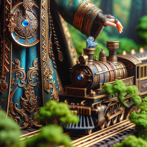 Capture a close-up shot of a magical wizard riding a miniature vintage steam train through a lush forest, showcasing the intricate details of both the wizard's robes and the steam train's machinery in stunning macro photography.