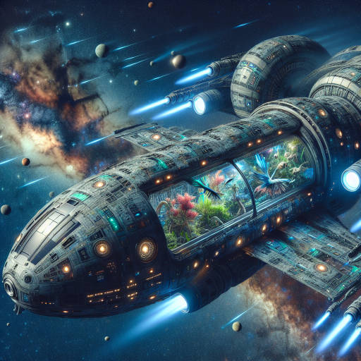 Imagine a futuristic spaceship soaring through the galaxy, filled with diverse and exotic wildlife from different planets. The ship is powered by advanced technology, blending seamlessly with the natural world around it. Capture this unique and imaginative combination in a stunning visual image.