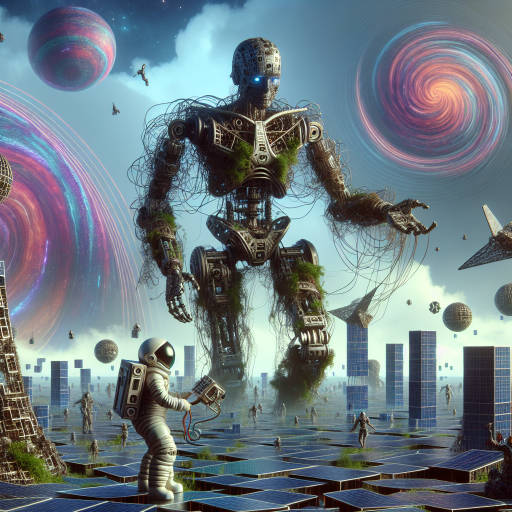 Create an image of a towering, ancient robot with tangled vines growing out of its metal limbs, standing in a field of floating geometric shapes and swirling clouds of neon colors, with a tiny astronaut exploring its intricate machinery.