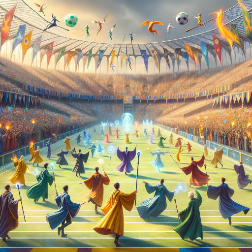 Imagine a historical reenactment where wizards compete in a magical sports tournament, showcasing their extraordinary powers in a thrilling display of athleticism and wizardry. Create an image that captures the excitement and wonder of this unique event, blending elements of history, sports, and fantasy into a vibrant and dynamic scene.