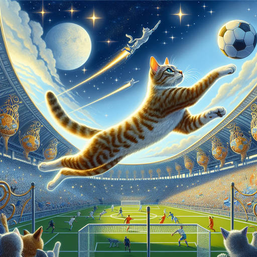 Imagine a world where cats compete in their own unique sports league. Create an image showcasing a cat gracefully diving through the air to save a goal in a game of soccer, surrounded by cheering feline fans and a stadium filled with cat-themed decorations. Let your creativity run wild as you bring this whimsical and imaginative scene to life through your artwork.