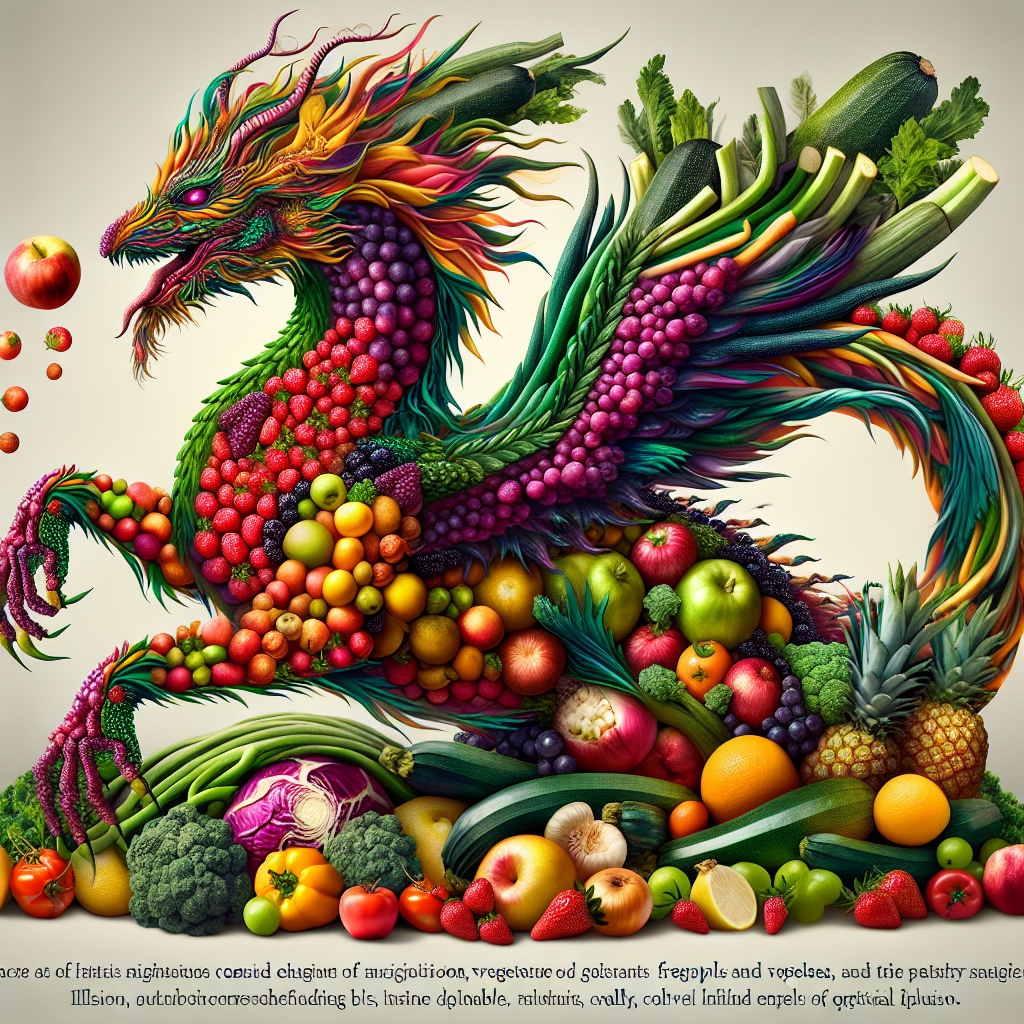 Create an image of a mythical creature made entirely out of colorful and vibrant fruits and vegetables, blending elements of fantasy and mythology with a fun optical illusion twist.