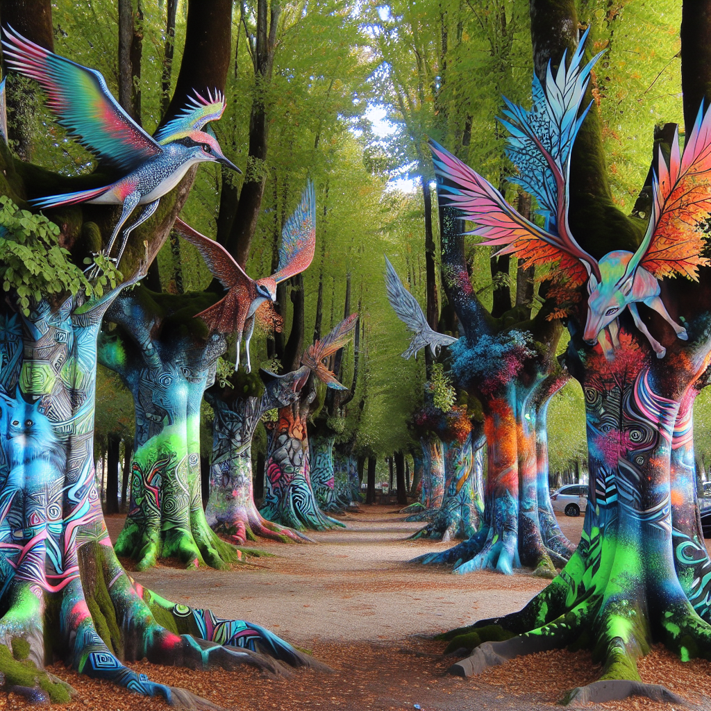 Create an image of a magical forest where trees are made of colorful graffiti and the animals have wings made of leaves, creating a surreal and whimsical scene that blends nature, street art, and surreal art together in a harmonious and fantastical way.