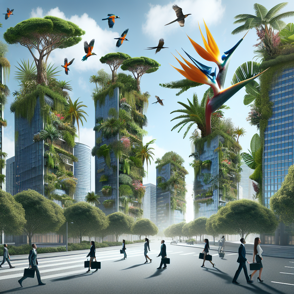 Nature meets business in the heart of the city - imagine a lush green forest growing out of the windows of towering skyscrapers, with birds of paradise soaring between the buildings and business people in suits taking leisurely strolls through the vibrant greenery. What kind of unique businesses and interactions could exist in this stunning urban oasis? Illustrate this imaginative world in an image that captures the harmony between nature, city life, and business.