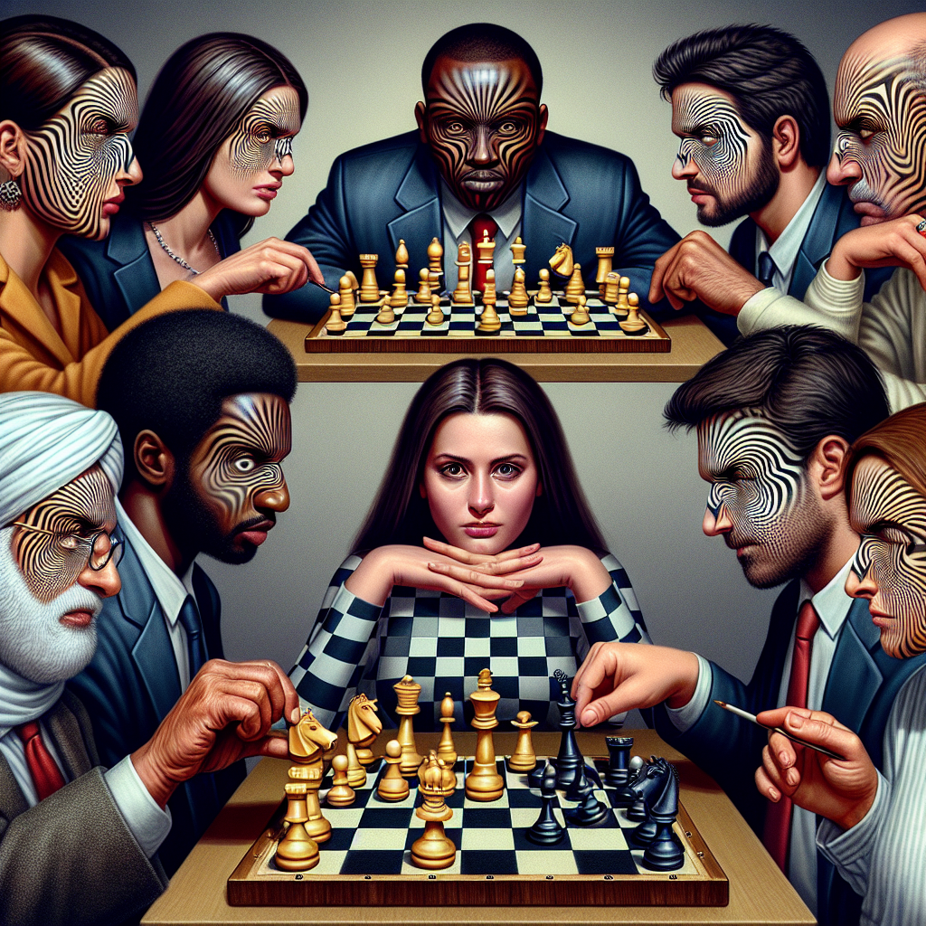 Create an image of a group of people playing a game of chess, but each person's face is an optical illusion, creating a surreal and mind-bending visual experience.