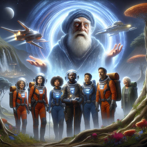 A group of space explorers land on a distant planet only to encounter a magical wizard living in a hidden forest, wielding powers beyond their comprehension. Create an image capturing the awe and wonder of this fantastical meeting between advanced technology and ancient magic.