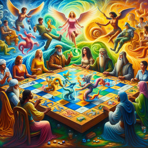 Create a painting of a group of people playing a fantastical board game where each player's character comes to life on the board, blending the worlds of reality and fantasy in a colorful and dynamic masterpiece.