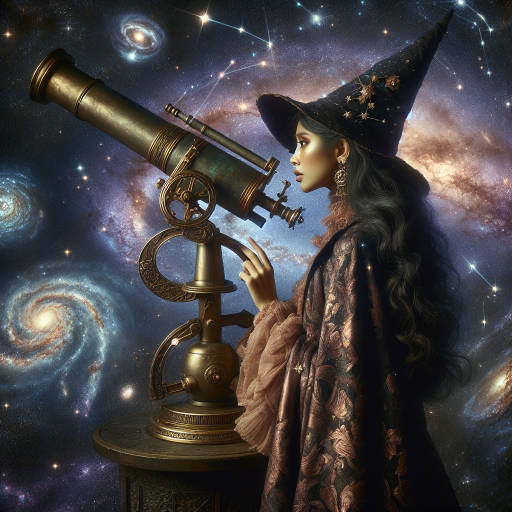 Create an image of a wise wizard using a telescope to study the stars and unlock the mysteries of the universe, surrounded by swirling galaxies and glowing constellations in a magical and enchanting cosmos.