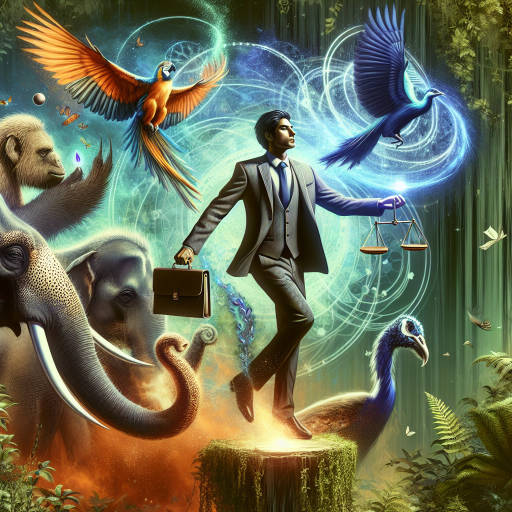 Imagine a business wizard using their magical abilities to bring balance and harmony to a wild and untamed jungle filled with exotic wildlife. How would the wizard negotiate deals with the animals, and how would their unique approach to business create a symbiotic relationship between the human world and the natural world? Create an image that captures the energy and excitement of this unexpected partnership.