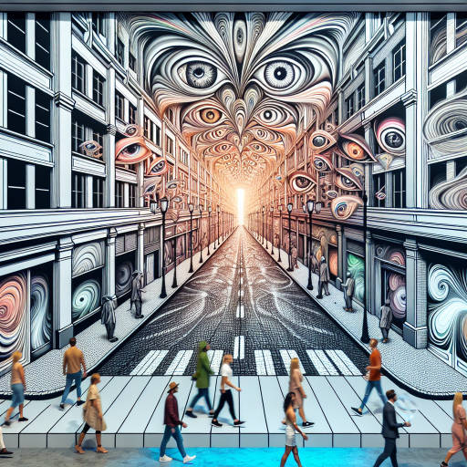 Create an image of a city street completely transformed into a surreal optical illusion art gallery, where each building and sidewalk is an intricate piece of interior design come to life. Visitors will be amazed as they walk through the streets and discover hidden optical illusions blending seamlessly with street art, creating a truly immersive and mind-bending experience.