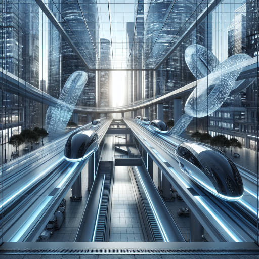 Create an image of a futuristic business district where employees travel to work in sleek, high-speed art-inspired transportation pods that glide seamlessly through a network of elevated glass tunnels, surrounded by interactive digital art installations that change with the time of day.