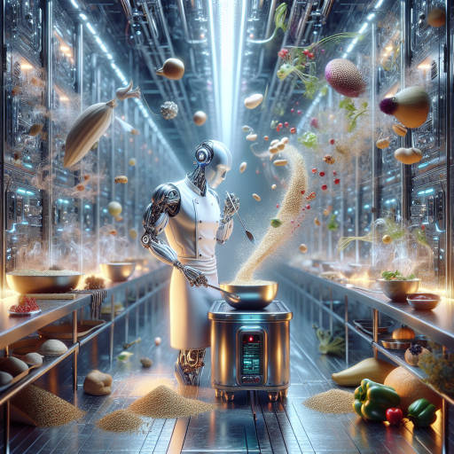 Create an image of a futuristic robot chef using advanced technics to create a surreal piece of food art, combining traditional cooking methods with digital innovation.