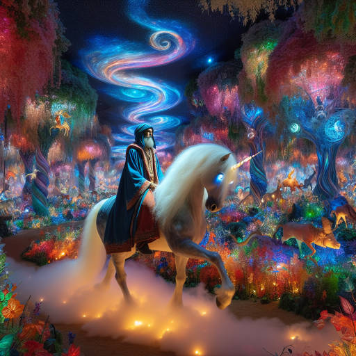 Create an image of a magical wizard riding a majestic unicorn through a vibrant, otherworldly forest filled with fantastical creatures and swirling, colorful art installations.