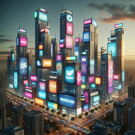 Create an image of a futuristic cityscape where skyscrapers are transformed into giant canvases for business advertisements, blending art and commerce in a dynamic and vibrant urban landscape.