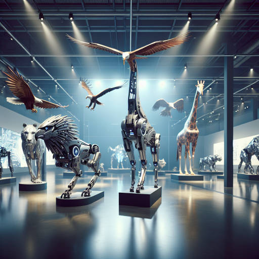 Create an image of a futuristic art exhibit featuring animals that have been transformed into robotic sculptures.