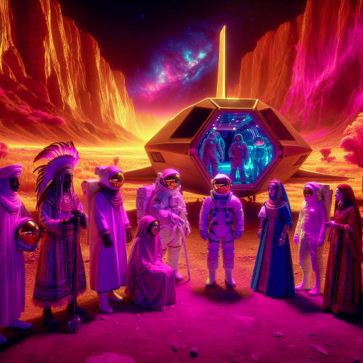 Imagine a scene where a group of astronauts from different time periods in history are gathered around a futuristic spacecraft, preparing for a journey through a colorful and surreal infrared landscape. The astronauts are dressed in historically accurate costumes, representing different eras such as ancient Egypt, medieval Europe, and the future. The infrared light transforms the environment into a dream-like realm, with vibrant hues of pink, purple, and orange illuminating the scene. As they embark on their space exploration mission, they are filled with a sense of excitement and wonder at the unknown adventures that lie ahead.