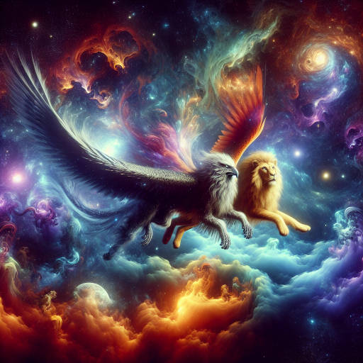 Imagine a majestic griffin soaring through a colorful nebula in outer space, surrounded by exotic alien creatures and celestial bodies. Capture the beauty and wonder of this otherworldly scene as the griffin navigates through the unknown depths of the universe with grace and power.