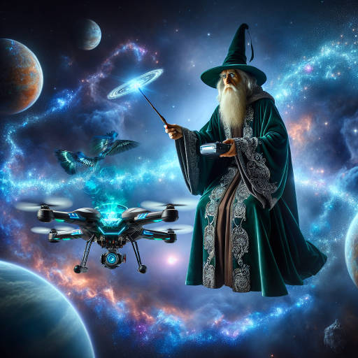 Imagine a wizard casting spells while riding a magical flying drone through an uncharted galaxy, using its advanced technology to explore alien worlds and capture stunning drone photography of otherworldly landscapes.