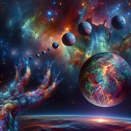 Create an otherworldly scene where a giant, iridescent nebula forms the backdrop for a floating, glowing planet with multiple moons orbiting around it. In the foreground, a surreal creature with kaleidoscope patterns on its skin appears to be reaching out to touch one of the moons, creating a mesmerizing and dreamlike composition blending elements of surreal art and astronomy.