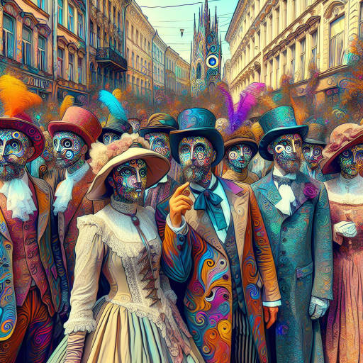 Imagine a historical reenactment taking place in a bustling city street, where street artists have transformed the surroundings into a surreal landscape. Participants are dressed in period costumes, but their faces are painted with surreal designs that blend into the vibrant street art. A mix of past and present, reality and imagination coming together in a truly unique and visually stunning scene. Capture this moment in a single image that encapsulates the magic of historical reenactments, street art, and surrealism all in one.