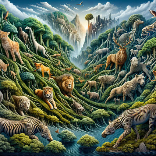 Create an image that combines surreal art with optical illusions, featuring a fantastical wildlife scene where animals seamlessly blend into their surroundings, creating a mind-bending and mesmerizing visual experience.