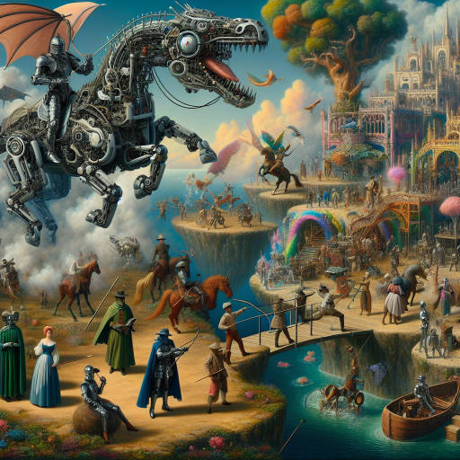 Create an image of a robotic knight riding a mechanical dragon through a surreal landscape, surrounded by historical figures from different time periods engaging in a reenactment battle.