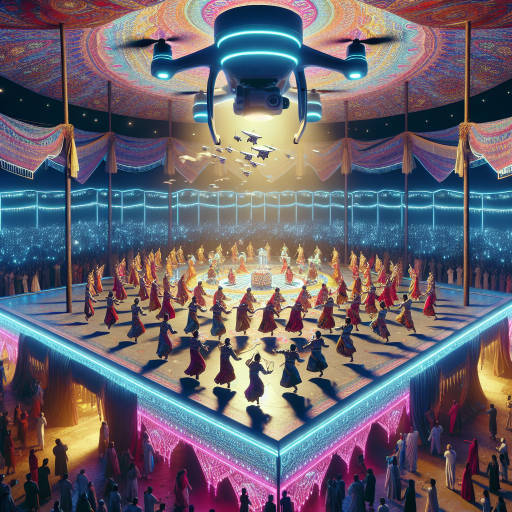 Imagine a surreal scene of a vibrant cultural festival taking place in the sky, captured through the lens of a drone hovering above. The festival is a unique blend of traditional customs and cutting-edge technology, with dancers in elaborate costumes performing under a canopy of glowing neon lights. The drone's perspective offers a bird's eye view of the mesmerizing spectacle, showcasing the dynamic energy and creativity of this fantastical event.