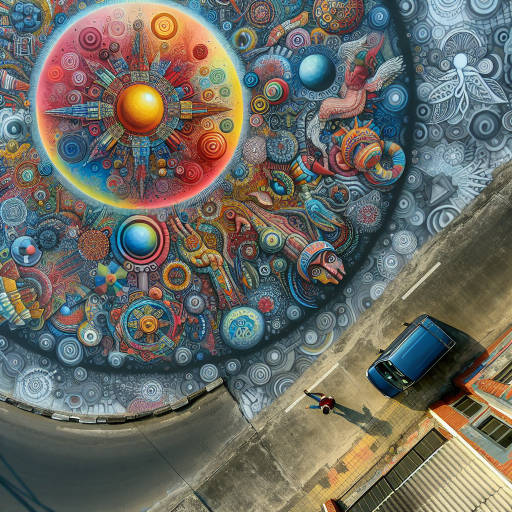 Create an image that captures a colorful and vibrant street mural from a bird's eye view, showcasing intricate details and textures in macro photography style, using a drone to provide a unique perspective and composition.