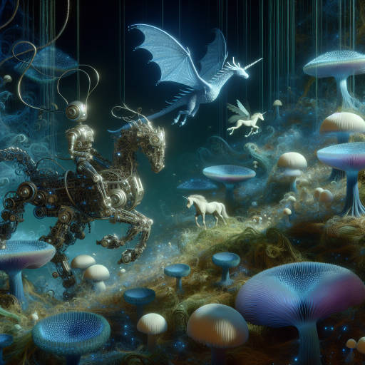 "Imagine a world where tiny, intricate machines known as Nano Guardians protect a mystical forest filled with mythical creatures. Show a close-up macro shot of a Nano Guardian standing guard among glowing mushrooms, with a dragon soaring overhead and unicorns grazing nearby."