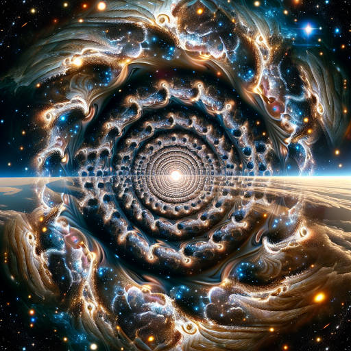 Imagine a mesmerizing optical illusion where a macro photograph of a distant galaxy is seamlessly blended with intricate patterns of light and shadow, creating a mind-bending cosmic landscape.