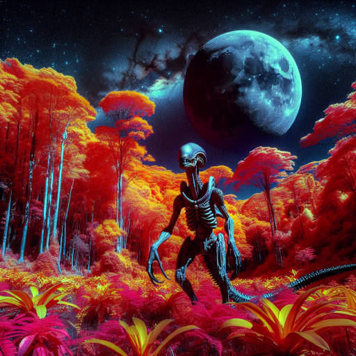 Create an image of a mysterious alien creature roaming through a vibrant, otherworldly forest under the glow of a full moon, captured in stunning infrared photography, with a backdrop of a dazzling star-filled sky that hints at the vastness of the universe in this unique blend of wildlife, astronomy, and infrared photography.