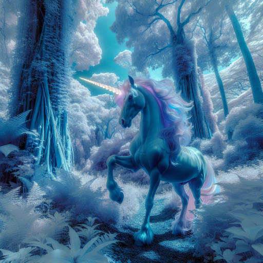 Create an image of a majestic unicorn bathed in a surreal, otherworldly infrared glow as it frolics through a mystical forest filled with colorful, fantastical creatures.